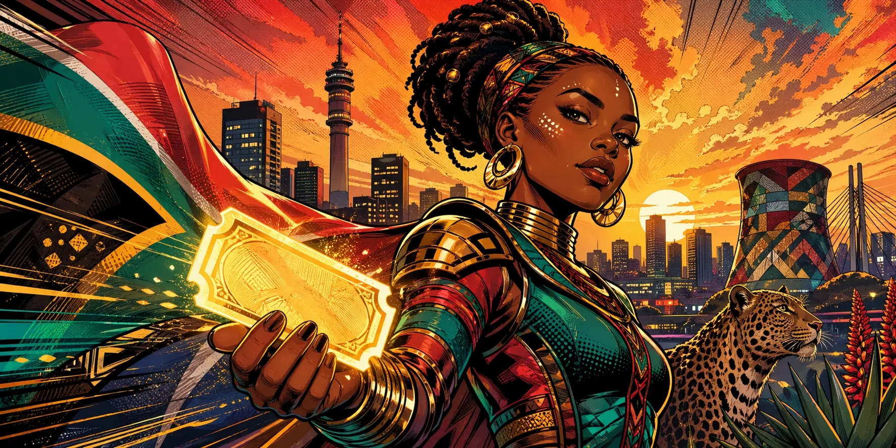 Comic-style South African city scene with a glowing signup ticket and bold energetic motion