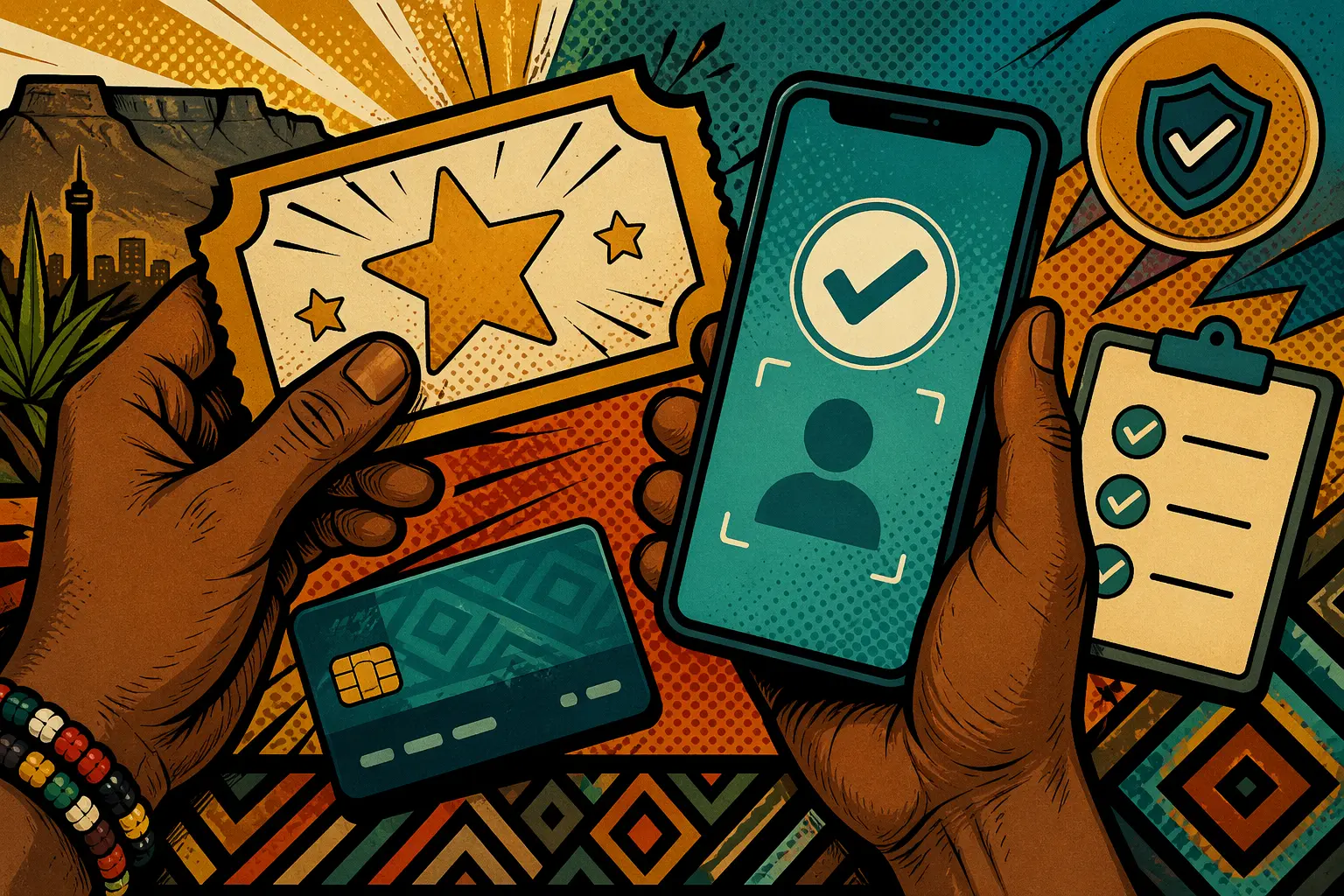 Comic-style close-up of a bonus ticket, smartphone verification screen and checklist items